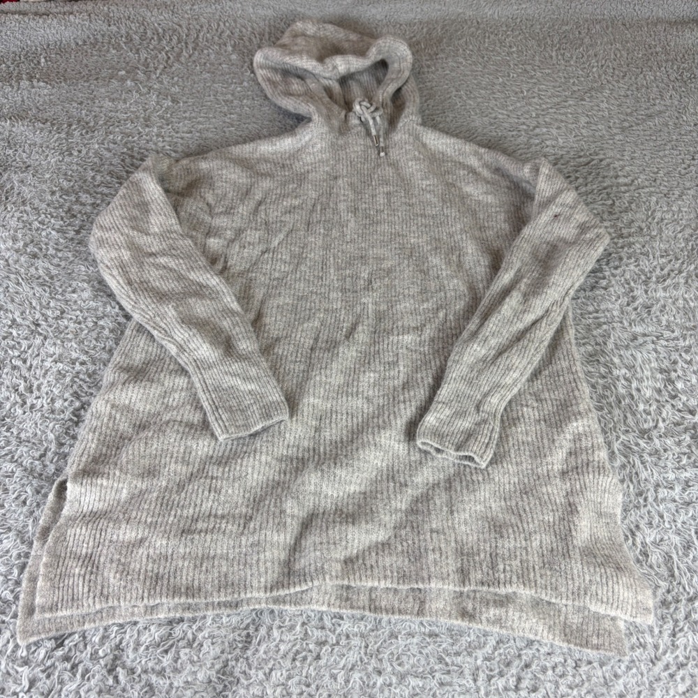 Woolen Bloom Heather Beige Ribbed Hooded Sweater Tunic Small